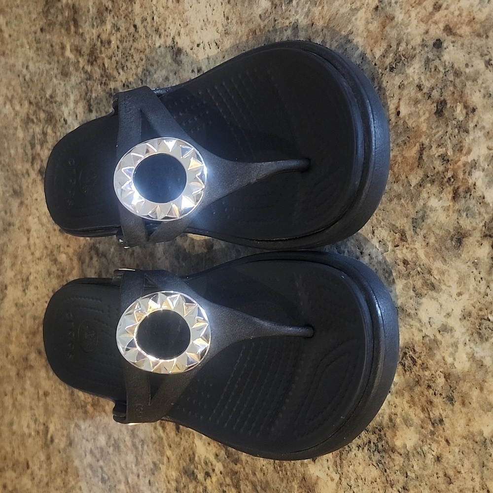Crocs Wedge Silver Jewel Black Sandals - Size 6